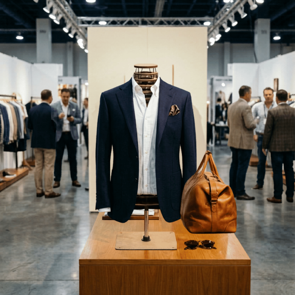 Nomad Male wood-ring tabletop mannequin at MAGIC Las Vegas menswear trade show, styled with navy wool blazer, white oxford button-down, paisley pocket square, tan leather weekender bag, and tortoiseshell sunglasses